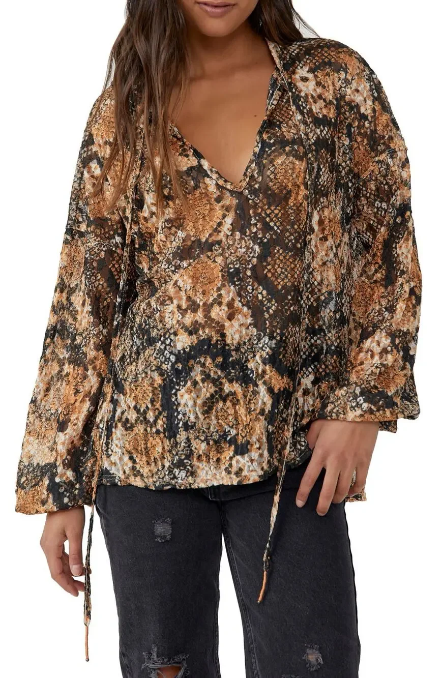 Free People Out For The Night Long Sleeve Blouse Shirt Size Small Snakeskin